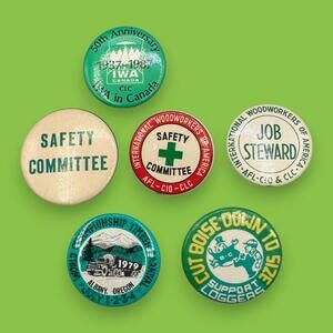 Vintage IWA Canada Logger & Safety Committee Pinback Buttons Set
